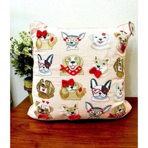 VALENTINES DAY DOGS THROW PILLOW SHIMMER PINK EMBROIDERED 18X18 NOVELTY PUPPIES
